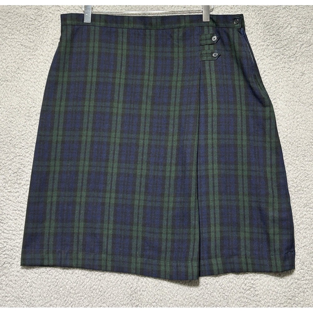 Lands End Tartan Pleated Skirt Sz 14 Schoolgirl Uniform Green Blue Plaid
